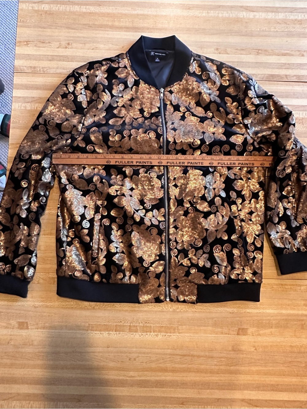 INC International Concepts Black Bomber Jacket with Gold Sequin Floral Detail